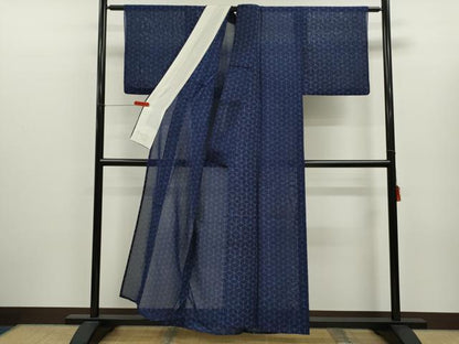 平和屋着物＊夏物　小紋　紗　藍　型染め　紗　吉祥花文　正絹　逸品　CABJ2542ze