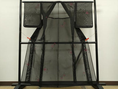 平和屋着物＊夏物　小紋　紗　燕子花　黒地　正絹　逸品　未使用　CABJ2543ze
