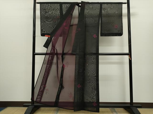 平和屋着物＊夏物　小紋　紗　燕子花　黒地　正絹　逸品　未使用　CABJ2543ze