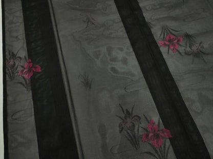 平和屋着物＊夏物　小紋　紗　燕子花　黒地　正絹　逸品　未使用　CABJ2543ze