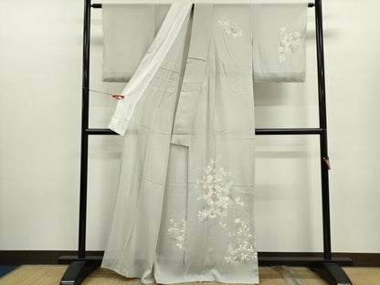 平和屋着物＊夏物　訪問着　絽縮緬　草花文　銀彩　正絹　逸品　CABJ2547ze