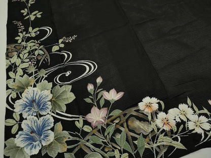 平和屋着物＊中国三大刺繍　相良刺繍　夏物　黒留袖　駒刺繍　絽　草花文　金彩　正絹　逸品　CABJ2564ze