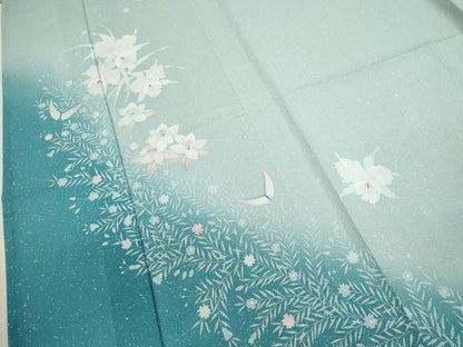 平和屋着物＊夏物　訪問着　絽　草花舞蝶文　暈し染め　銀彩　正絹　逸品　未使用　CABJ2567ze