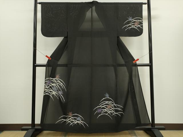 平和屋着物＊夏物　訪問着　草葉文　黒地　正絹　逸品　CABJ2575ze