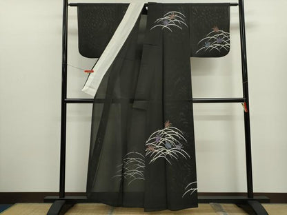 平和屋着物＊夏物　訪問着　草葉文　黒地　正絹　逸品　CABJ2575ze