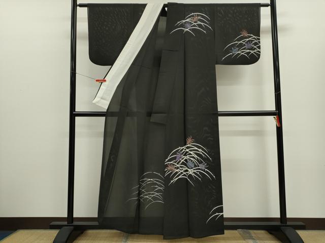 平和屋着物＊夏物　訪問着　草葉文　黒地　正絹　逸品　CABJ2575ze