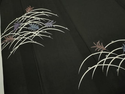 平和屋着物＊夏物　訪問着　草葉文　黒地　正絹　逸品　CABJ2575ze