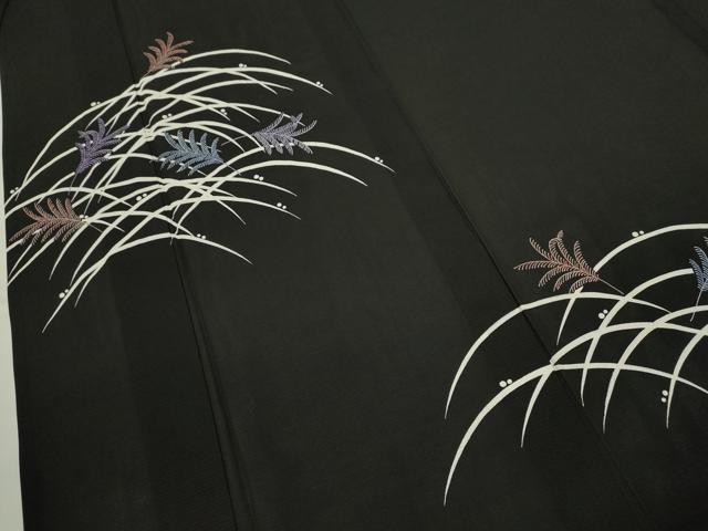 平和屋着物＊夏物　訪問着　草葉文　黒地　正絹　逸品　CABJ2575ze