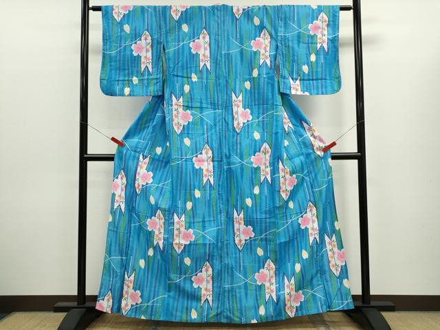 平和屋着物∴夏物　浴衣　矢羽根舞桜文　日本製　綿　逸品　CABJ2587ze