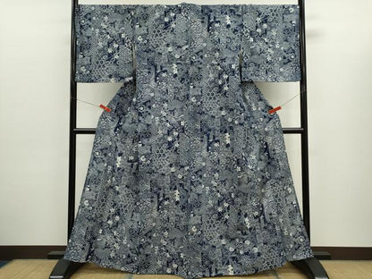 平和屋着物∴夏物　浴衣　綿絽　藍　吉祥花文　注染　手縫い　綿　逸品　CABJ2588ze