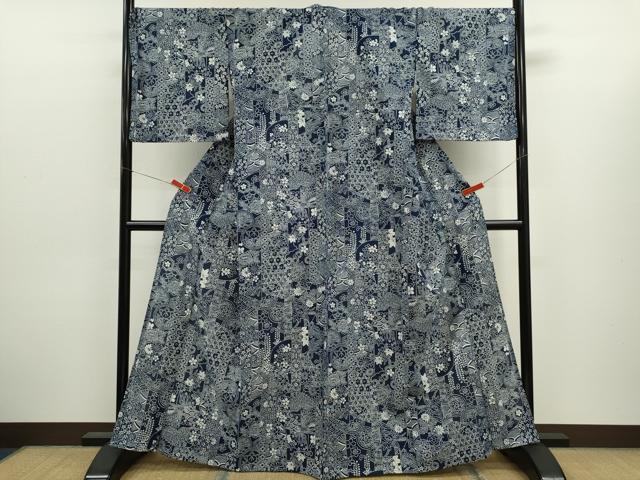 平和屋着物∴夏物　浴衣　綿絽　藍　吉祥花文　注染　手縫い　綿　逸品　CABJ2588ze