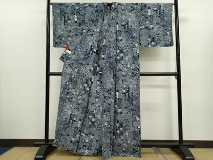 平和屋着物∴夏物　浴衣　綿絽　藍　吉祥花文　注染　手縫い　綿　逸品　CABJ2588ze