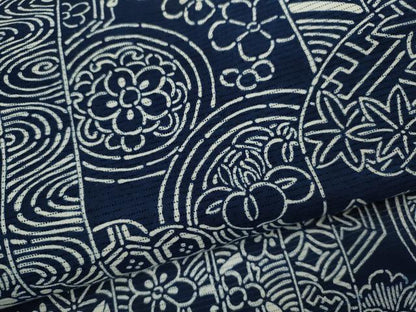 平和屋着物∴夏物　浴衣　綿絽　藍　吉祥花文　注染　手縫い　綿　逸品　CABJ2588ze