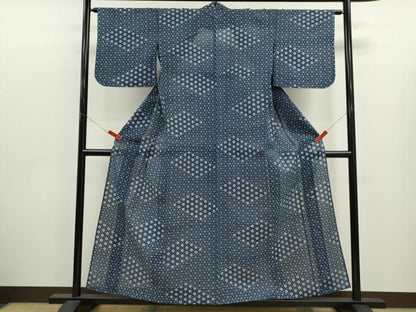 平和屋着物∴夏物　浴衣　綿絽　藍　注染　手縫い　麻の葉花文　逸品　CABJ2589ze