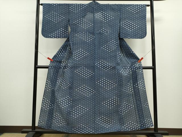 平和屋着物∴夏物　浴衣　綿絽　藍　注染　手縫い　麻の葉花文　逸品　CABJ2589ze