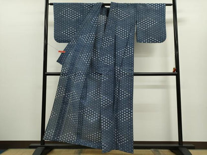 平和屋着物∴夏物　浴衣　綿絽　藍　注染　手縫い　麻の葉花文　逸品　CABJ2589ze