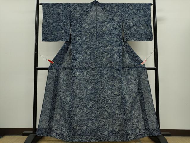 平和屋着物∴夏物　浴衣　綿絽　注染　手縫い　藍　芒　綿　逸品　CABJ2592ze