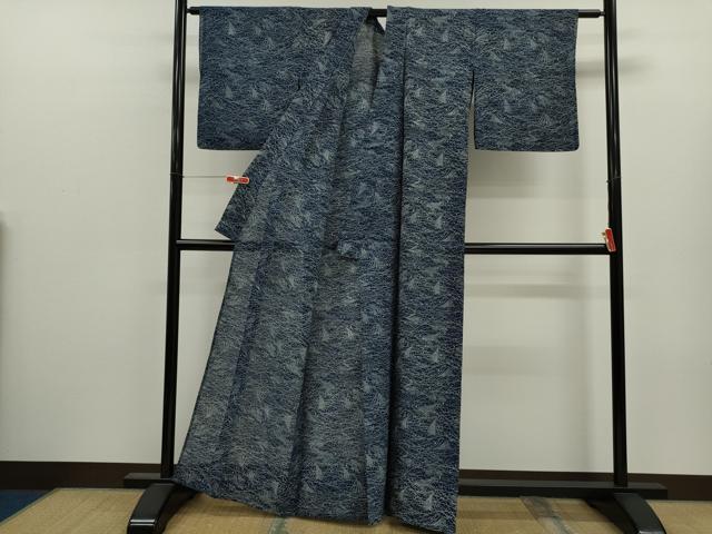 平和屋着物∴夏物　浴衣　綿絽　注染　手縫い　藍　芒　綿　逸品　CABJ2592ze