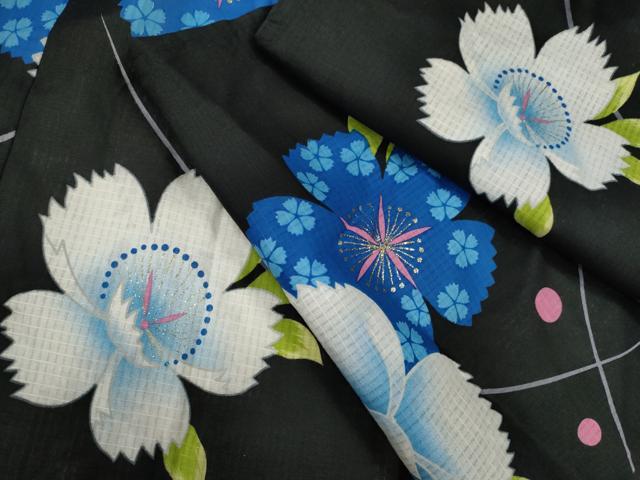 平和屋着物∴夏物　浴衣　舞花文　黒地　金彩　綿　逸品　CABJ2598ze