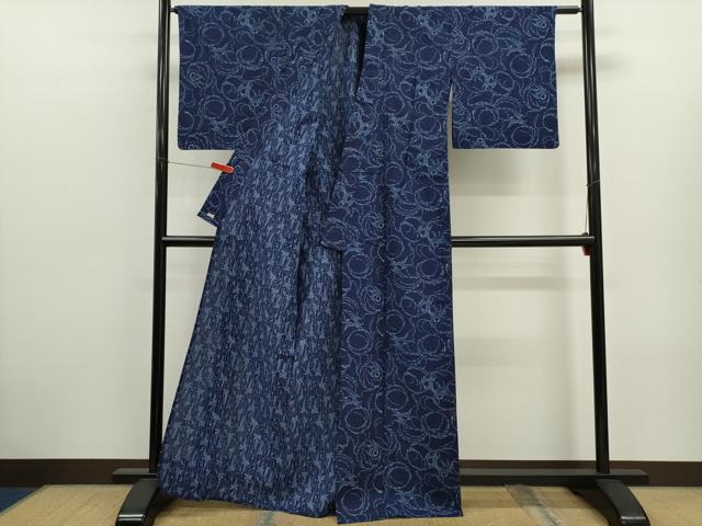 平和屋着物∴夏物　浴衣　藍　両面染　注染　手縫い　ふくら雀　三越扱い　綿　逸品　CABJ2599ze