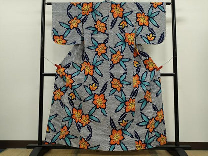 平和屋着物∴夏物　浴衣　注染　手縫い　草花文　綿　逸品　CABJ2600ze