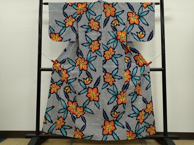 平和屋着物∴夏物　浴衣　注染　手縫い　草花文　綿　逸品　CABJ2600ze
