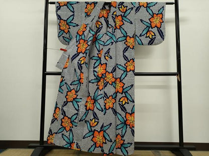 平和屋着物∴夏物　浴衣　注染　手縫い　草花文　綿　逸品　CABJ2600ze