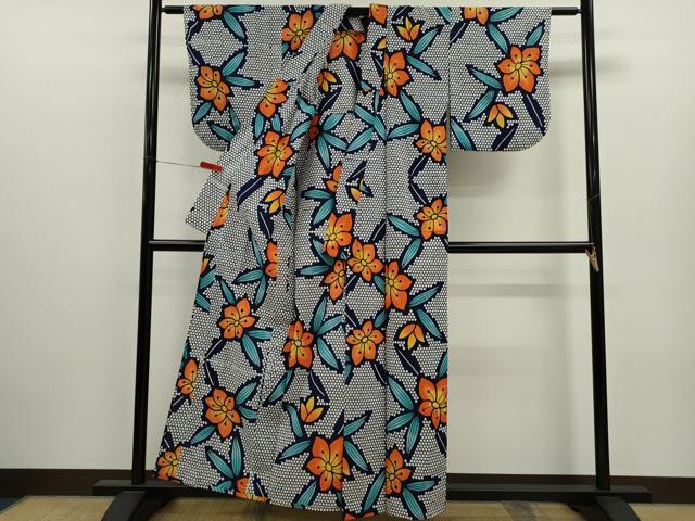 平和屋着物∴夏物　浴衣　注染　手縫い　草花文　綿　逸品　CABJ2600ze
