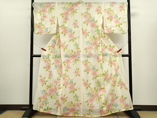 平和屋着物∴夏物　浴衣　綿紅梅　草花文　さんび謹製　綿　逸品　CABJ2601ze