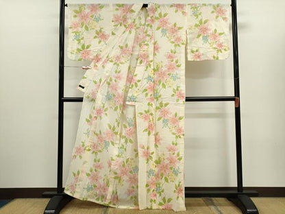 平和屋着物∴夏物　浴衣　綿紅梅　草花文　さんび謹製　綿　逸品　CABJ2601ze