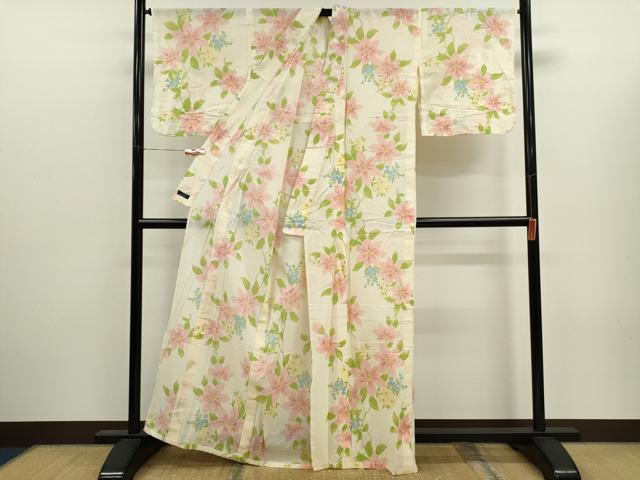 平和屋着物∴夏物　浴衣　綿紅梅　草花文　さんび謹製　綿　逸品　CABJ2601ze