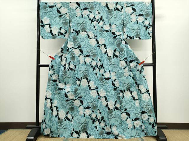 平和屋着物∴夏物　浴衣　ドクロ　薔薇　綿　逸品　CABJ2604ze