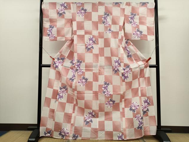 平和屋着物∴夏物　浴衣　市松草花文　金彩　綿　逸品　CABJ2631ze