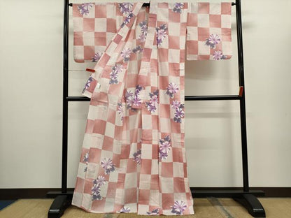 平和屋着物∴夏物　浴衣　市松草花文　金彩　綿　逸品　CABJ2631ze