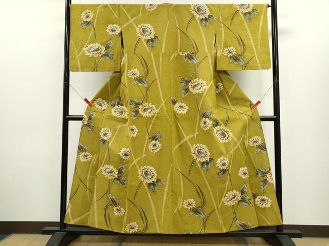 平和屋着物∴夏物　浴衣　手縫い　向日葵　綿　逸品　CABJ2632ze