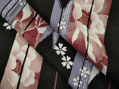 平和屋着物∴夏物　浴衣　矢羽根草花文　黒地　綿　逸品　CABJ2640ze