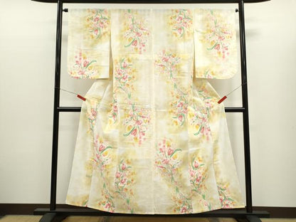 平和屋着物∴夏物　浴衣　手縫い　草花文　暈し染め　綿　逸品　CABJ2641ze