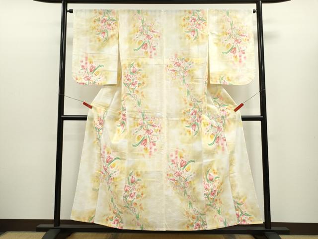 平和屋着物∴夏物　浴衣　手縫い　草花文　暈し染め　綿　逸品　CABJ2641ze