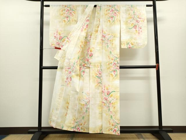 平和屋着物∴夏物　浴衣　手縫い　草花文　暈し染め　綿　逸品　CABJ2641ze