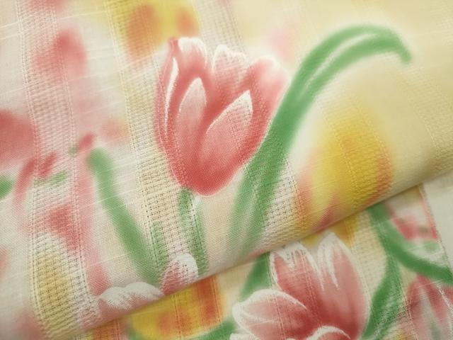 平和屋着物∴夏物　浴衣　手縫い　草花文　暈し染め　綿　逸品　CABJ2641ze