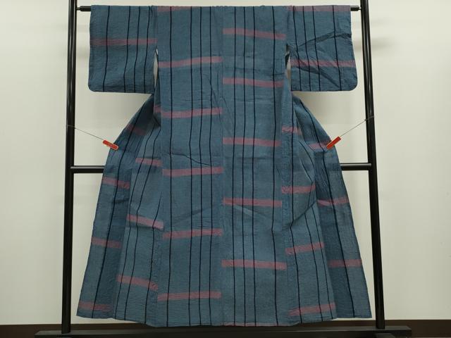 平和屋着物∴夏物　阿波しじら織　浴衣　縞　横段文　綿　逸品　CABJ2685ze