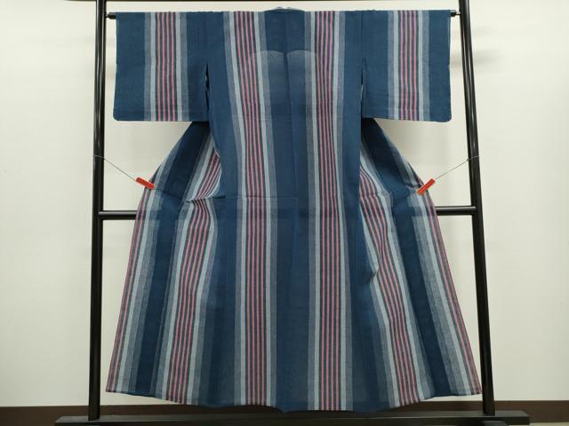平和屋着物∴夏物　阿波しじら織　浴衣　縞　綿　逸品　未使用　CABJ2692ze