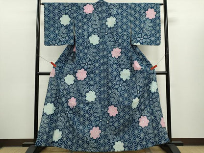 平和屋着物∴夏物　浴衣　有松鳴海絞り　麻の葉草花文　綿　逸品　未使用　CABJ2719ze
