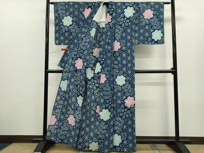 平和屋着物∴夏物　浴衣　有松鳴海絞り　麻の葉草花文　綿　逸品　未使用　CABJ2719ze