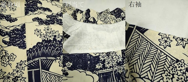 平和屋着物∴夏物　浴衣　注染　雲取り風景文　手縫い　綿　逸品　未使用　CABJ2748ze