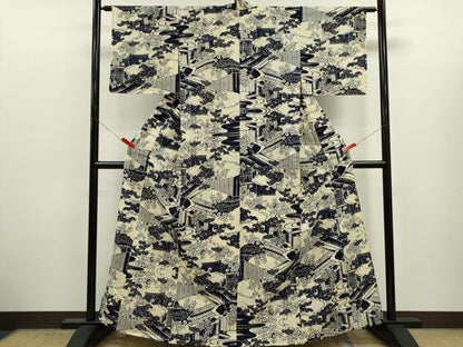 平和屋着物∴夏物　浴衣　注染　雲取り風景文　手縫い　綿　逸品　未使用　CABJ2748ze