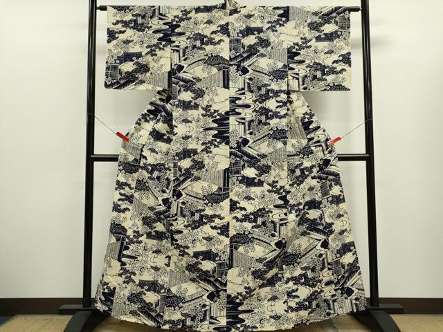 平和屋着物∴夏物　浴衣　注染　雲取り風景文　手縫い　綿　逸品　未使用　CABJ2748ze