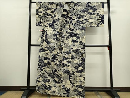 平和屋着物∴夏物　浴衣　注染　雲取り風景文　手縫い　綿　逸品　未使用　CABJ2748ze