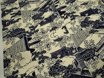 平和屋着物∴夏物　浴衣　注染　雲取り風景文　手縫い　綿　逸品　未使用　CABJ2748ze