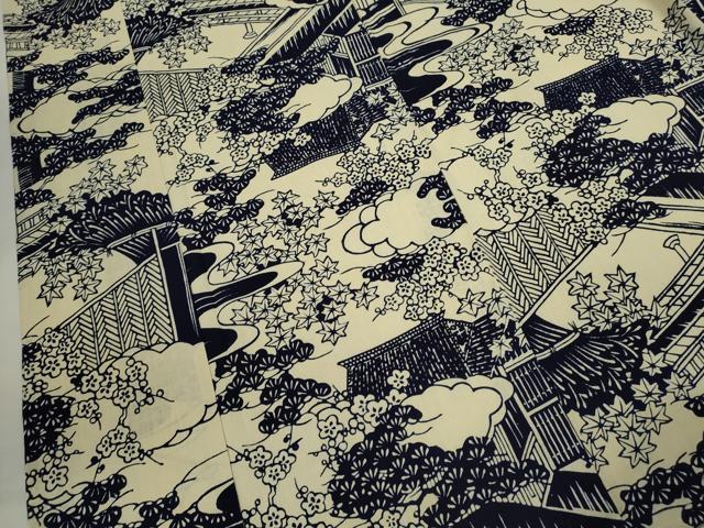平和屋着物∴夏物　浴衣　注染　雲取り風景文　手縫い　綿　逸品　未使用　CABJ2748ze